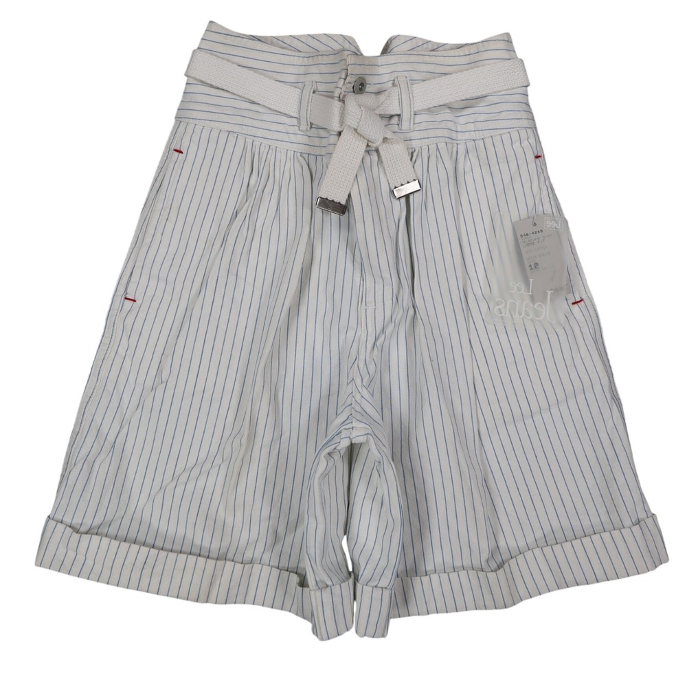 Lee Vintage 90s Pinstripe Pleated Shorts Womens 12 High Rise Cotton White Blue